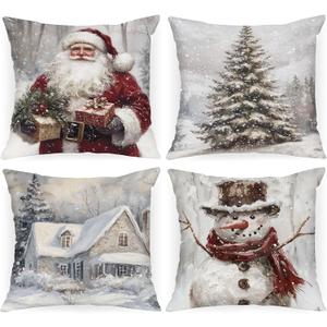 Lanpn 12x12 Christmas Throw Pillow Covers Set of 4, Christmas Pillow Covers Snowman Claus Pillowcase Decorative Holiday Pillow Case Xmas Cushion Cover for Indoor Couch Sofa Xmas Decor