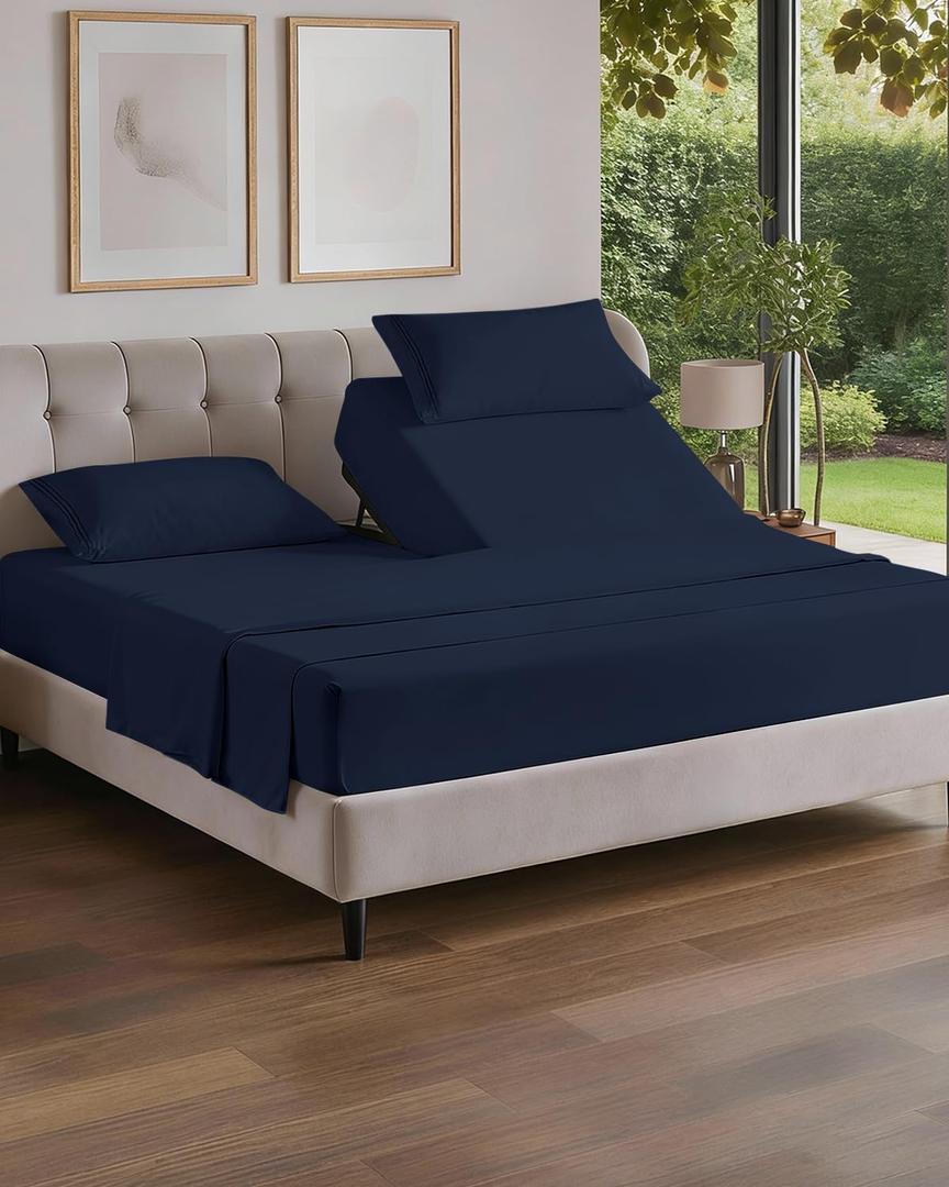 Flex Top Split Head King 4 Piece Sheet Set - Soft, Breathable & Cooling Bed Sheets Set - Hotel Luxury Bedding for Women & Men with Deep Pockets - Wrinkle Free & Fade Resistant - Oeko-Tex - Navy Blue