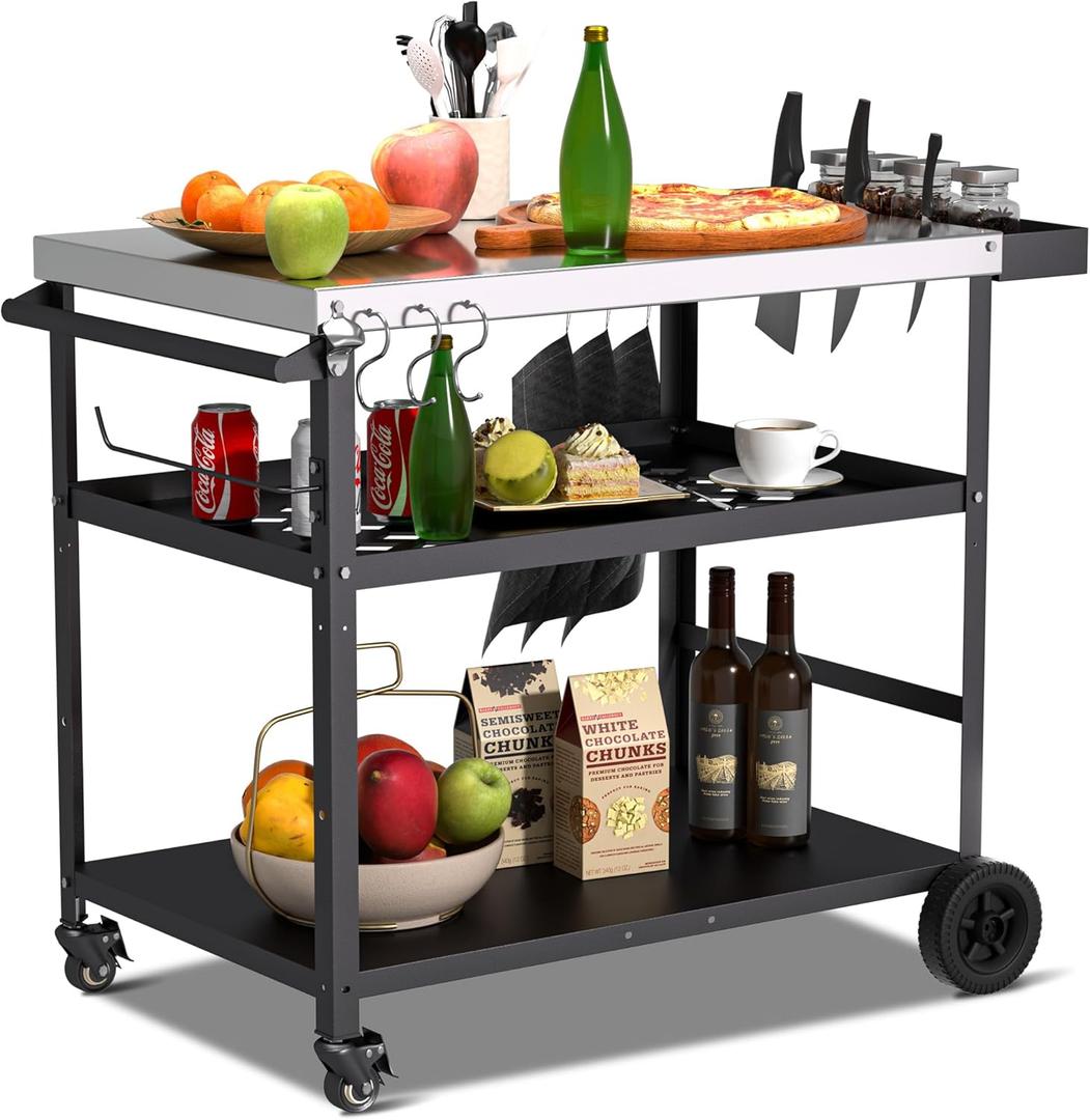 Spurgehom Outdoor Grill Cart, Pizza Oven Stand Table with Wheels Dining Cart for Outside Patio, Movable Kitchen Cooking Prep Table BBQ Cart with Mesh Racks for Home Party, Bar, Camping (Three-Shelf Stainless Steel Top)