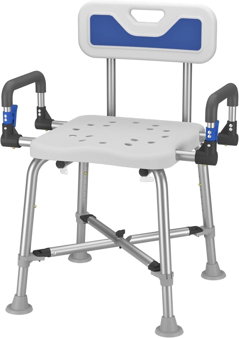 Shower Chair for Seniros Elderly Handicap Disabled or Bariatric Adults with Arms and Back, Bench Seat for Inside Shower stall and Bathroom Bath Tub Seats Adjustable Stool Heavy Duty 500 lbs sit Chairs (Large White -Shower Chair with X-shaped)