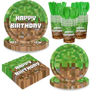 168pcs Green Birthday Party Decorations Green Plates Napkins Party Supplies Disposable Paper Cups Tableware Set for Boys Kid Teen Birthday Decor Serves 24