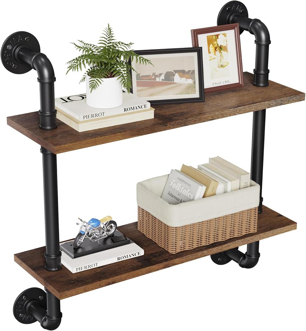 Merapi 24" Industrial Floating Shelves, Pipe Shelves for Wall, 2 Tier Rustic Wood Wall Shelves for Home Dcor, Bedroom, Living Room, Bathroom