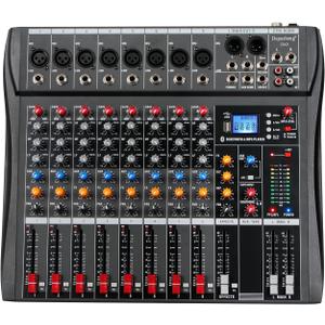 Depusheng DX8 Professional Mixer Sound Board Console 8 Channel Desk System Interface Digital USB MP3 Input 48V Phantom Power Stereo DJ Studio FX Steel Chassis,Black Bluetooth USB Audio Mixer for PC