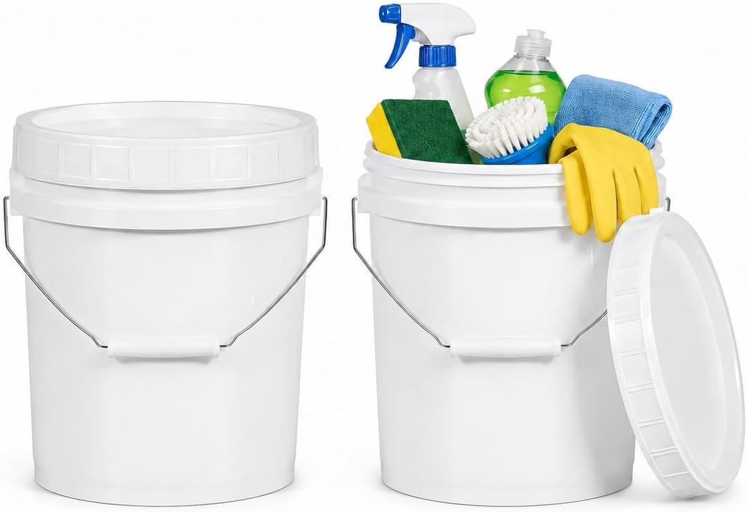 ASEVAT 2 Pack 1.3 Gallon White Plastic Bucket with Standard Screw Lid & Metal Wire Handle, Heavy Duty Sealed Multipurpose Pail for Dry Foods, Cleaning Goods & Household Storage