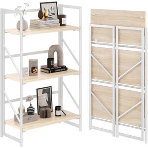 JSB 3 Tier No Assembly Folding Bookshelf, Industrial Metal Book Shelf for Storage, Vintage Wood Foldable Bookcase for Living Room, Bedroom, Office Organization Shelves, Flat Tube 3-Tier