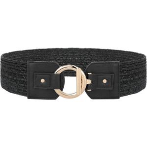 JASGOOD Straw Woven Elastic Belt for Women Vintage Wide Stretch Waistband for Dress Boho Ladies Summer Dress Belt (Black, XL)