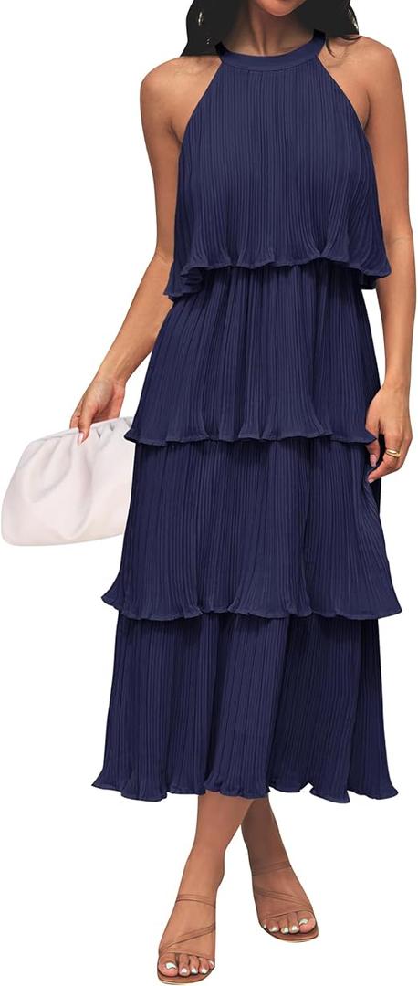 ZESICA Women's 2026 Summer Sleeveless Halter Neck Ruffle Tiered Layed Chiffon Flowy Swing Long Midi Dress, Navy Blue XL