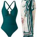 BAWHAHT One Piece Swimsuit Women with Cover Up Set Retro Bathing Suit for Women Tummy Control Beach Wrap Skirt Blue Green XL
