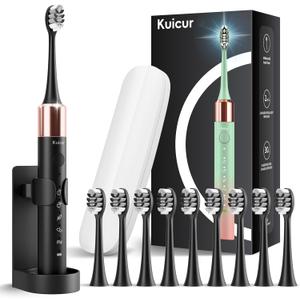 Kuicur Sonic Electric Toothbrush for Adults and Kids, Comes with 10 Brush Heads & Travel Case, 5 Modes with 2 Minutes Built in Smart Timer, One Charge for 90 Days, 42,000 VPM Motor (Black)