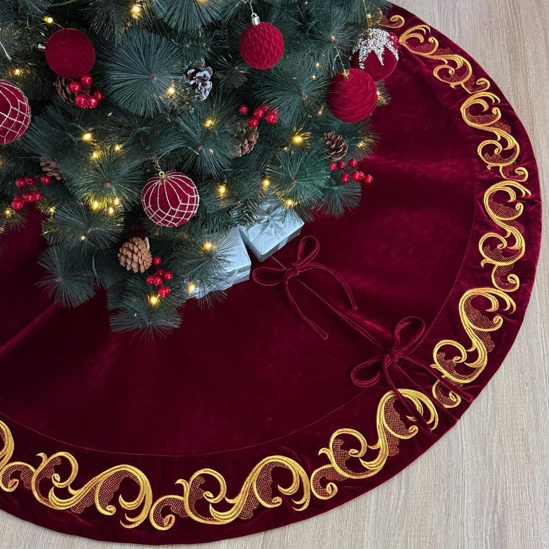 60-Inch Velvet Christmas Tree Skirt with Golden Swirl Embroidery and Lace Tie Closures, Burgundy