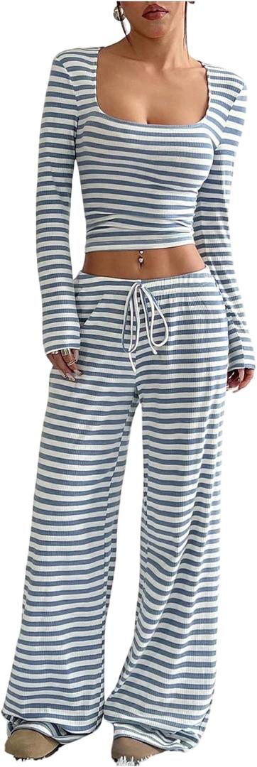 Floerns Women's 2 Piece Outfit Striped Square Neck Long Sleeve Crop Tops and Pants Set (White, XS)