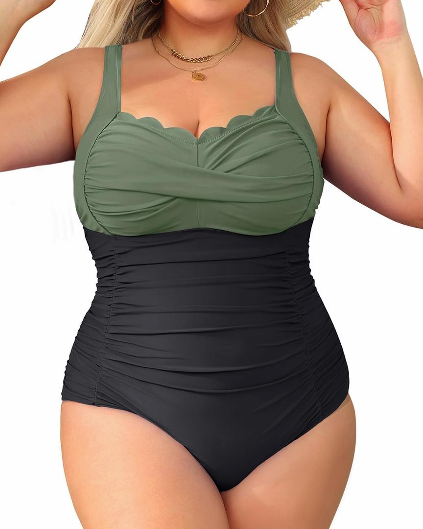 Aqua Eve Womens Plus Size One Piece Swimsuit- Tummy Control Bathing Suit Full Coverage Swimwear Black and Green 18W