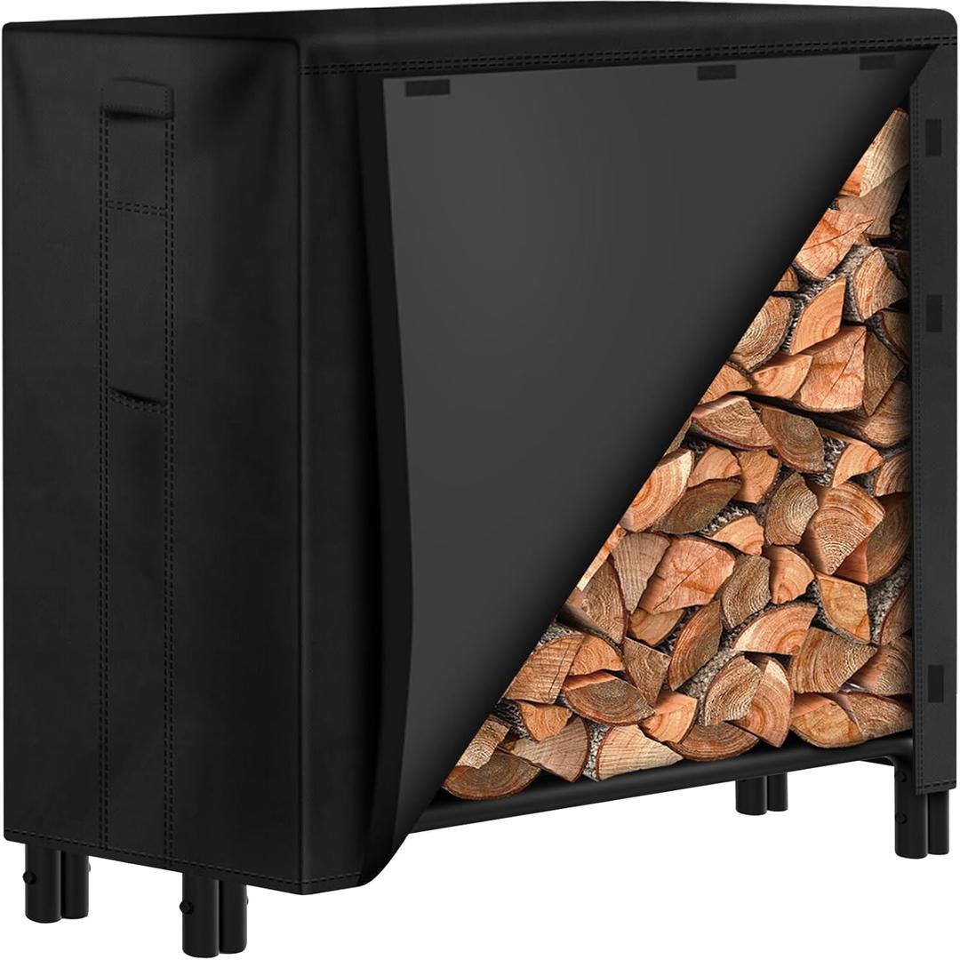 AMAGABELI GARDEN & HOME 4ft Firewood Rack with Cover Outdoor Heavy Duty 600D Oxford Outdoor Firewood Storage Cover Heavy Duty Steel Wood Holder for Patio Combo Set Black