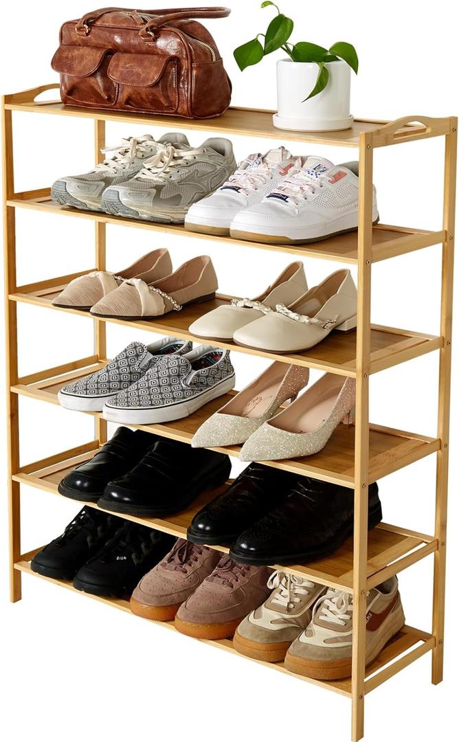 6 Tier Bamboo Shoe Rack for Closet, Free Standing Shoe Racks, Stackable Shoes Rack Organizer, Bamboo Wood Shoe Rack for Entryway and Closet Hallway (27.5" x 9.25" x 40.3")