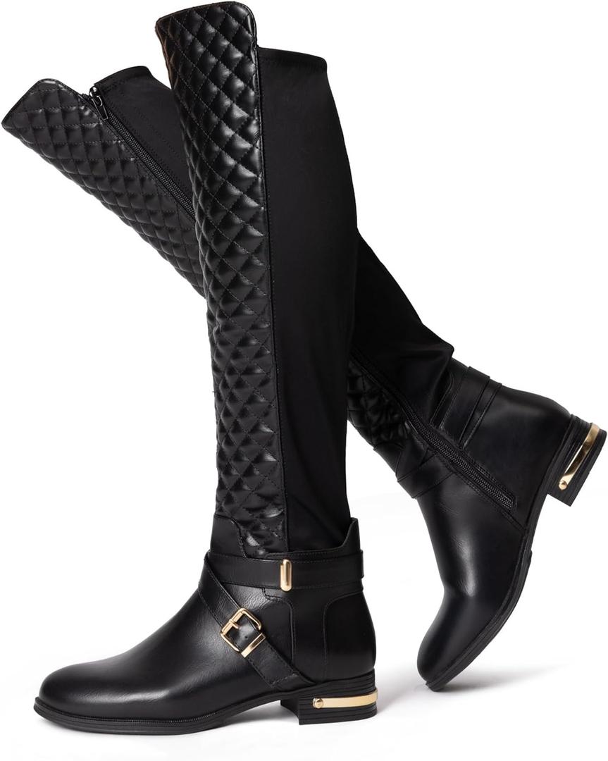 JustFab Womens Knee High Boots Faux Leather Brown Riding Boots Knee High Boots for Women Womens Low Heel Casual Boots for Women (9.5, Black-round Toe)