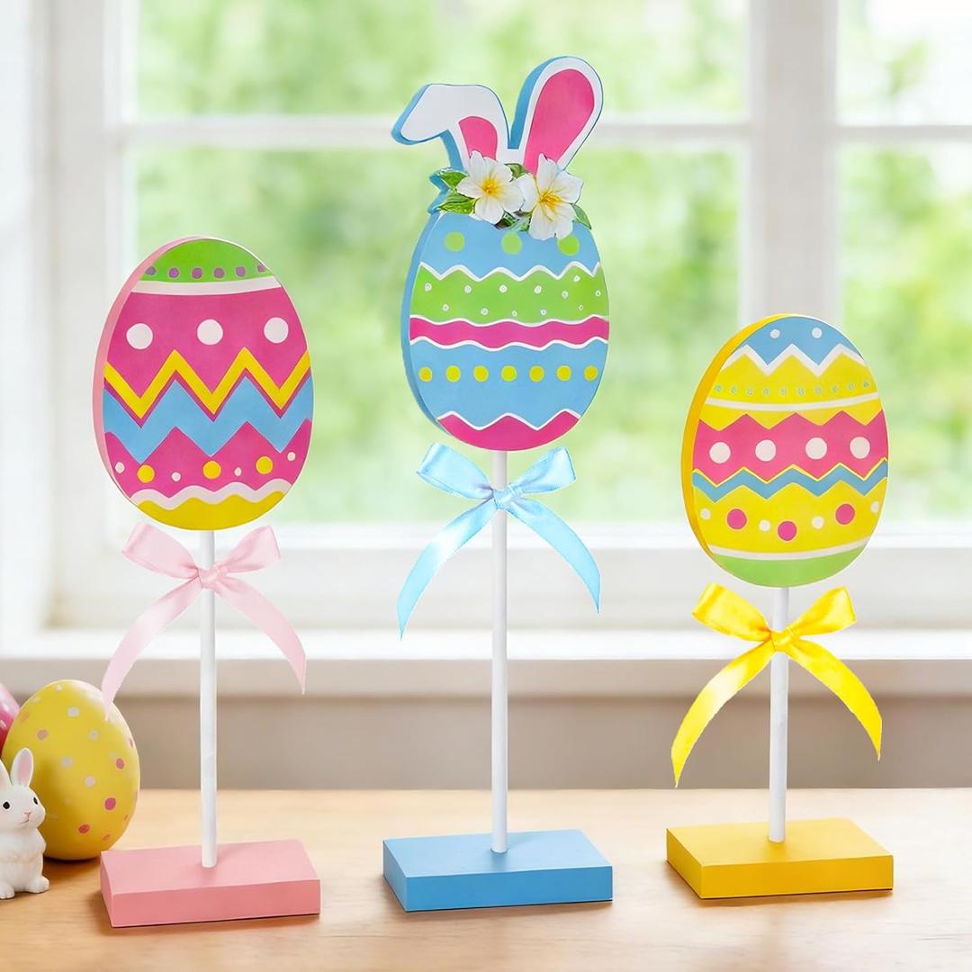 Easter Decorations for Home,3Pcs Egg Shaped Wooden Table Centerpiece Signs with Rabbit EarColorful Easter Egg Tiered Tray Decor for Home Farmhouse Kitchen Decorations