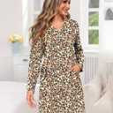 Marvmys Women Long Sleeve Nightgowns Comfy V Neck Nightshirts 2 Pack Sleep Shirts with Pockets Sleepwear S-3XL (XX-Large, Black&brown Leopard)