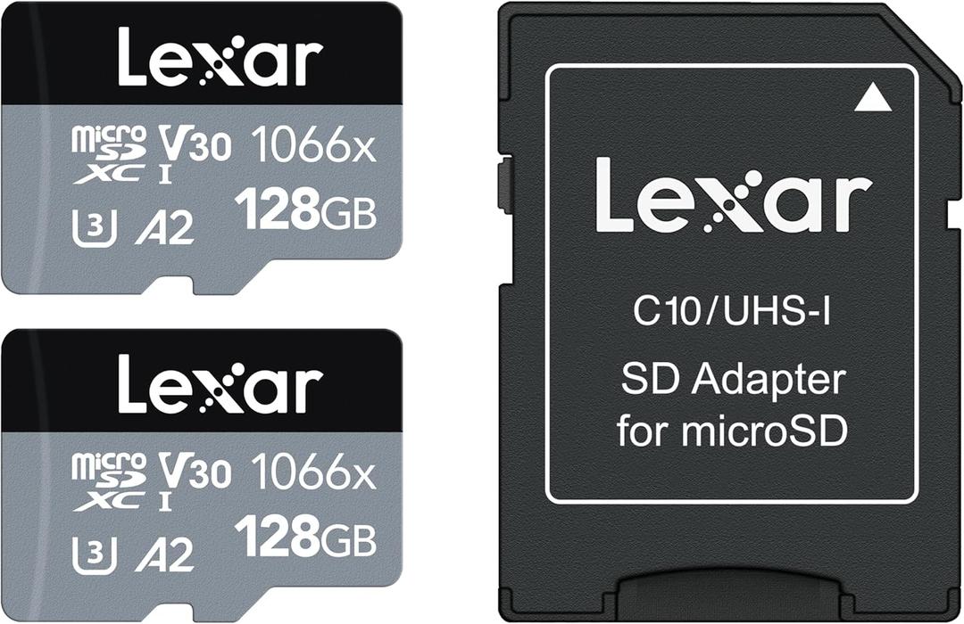 Lexar Professional 1066x 128GB (2-Pack) microSDXC UHS-I Card w/SD Adapter Silver Series, Up to 160MB/s Read, for Action Cameras, Drones, High-End Smartphones and Tablets (LMS1066128G-B2ANU)