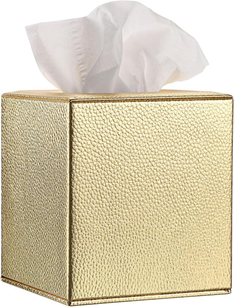 Sumnacon Tissue Box Cover Square Tissue Box Stylish PU Tissue Box Holder with Magnetic Bottom, Leather Cube Tissue Cover for Living Room Bathroom Bedroom Table Desk Home Office Car, Gold