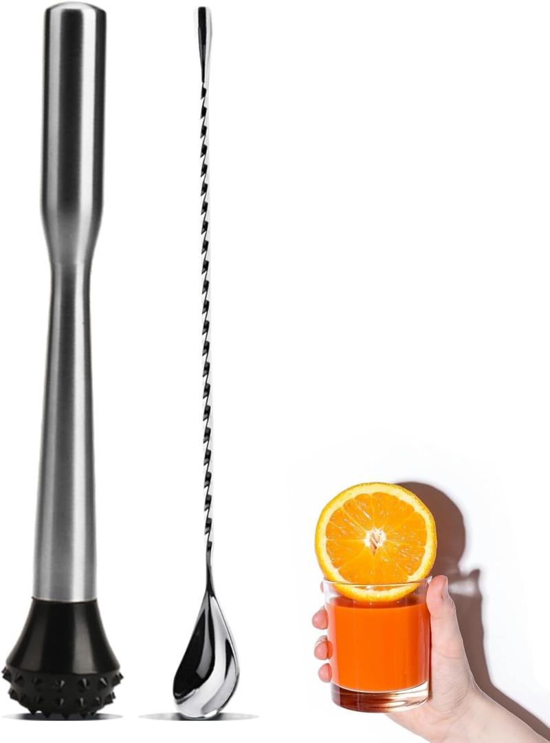 LEGERM Muddler for Cocktails Stainless Steel, Muddlers Pestle with Stirring Spoon, Bartender Cocktail Shaker Bar Tool Set - Bar Spoon and Muddler