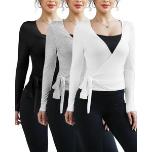 Simlakey 3 Pack Women Ballet Pilates Wrap Tops Y2K Workout Yoga Wrap Shirts Dance Long Sleeve Tie Front Crop Going Out Tops (Medium, Black, Gray, White)