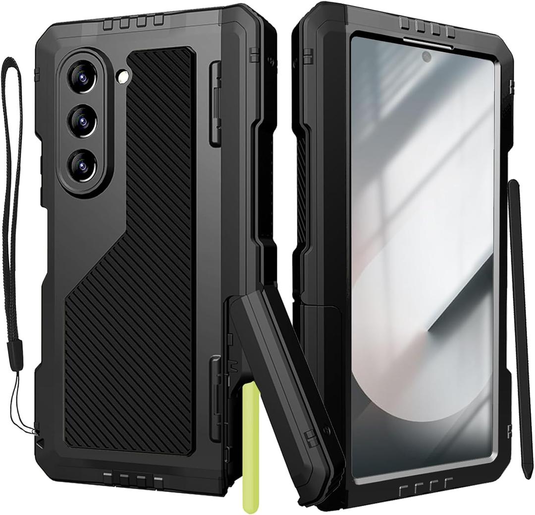 for Samsung Galaxy Z Fold 6 Case with S Pen Holder & Stylus, Z Fold6 Metal Case with Hinge Protection Screen Protector Military Rugged Heavy Duty Bumper Kickstand Cover for Z Fold 6 Black