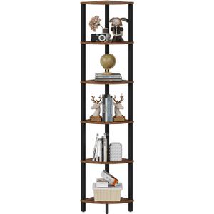 VIMBER Corner Shelf, 6-Tier Corner Bookshelf, Industrial Corner Ladder Shelf, DIY Storage Shelves, Rustic Display Shelf for Living Room, Bedroom, Kitchen, Home Office, Rustic Brown and Black UJSJ004F