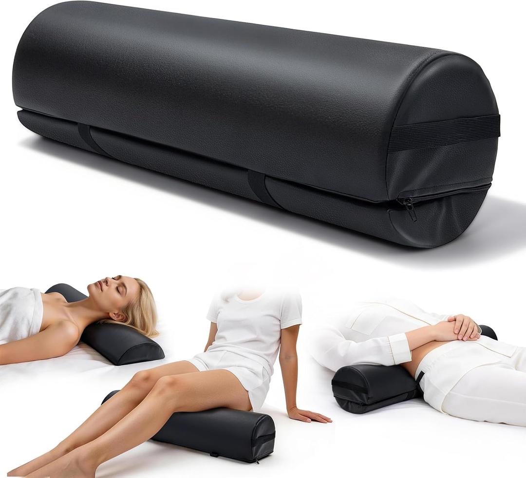 Massage Table Bolster Pillow with Strap Handle, 26 x 8 x 8 In Adjustable Bolster Pillow PU Leather, 1/4 & 3/4 Round Bolster Use Separately or Combine for Leg Neck Knee Support & Pain Relief, Black