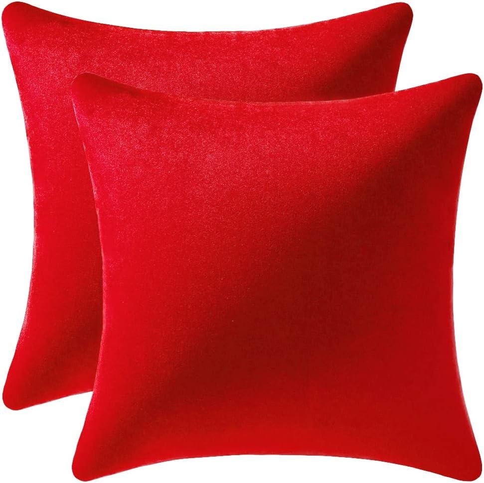 Throw Pillow Covers 18x18 Red: 2 Pack Cozy Soft Velvet Square Decorative Pillow Cases for Farmhouse Home Decor, Red