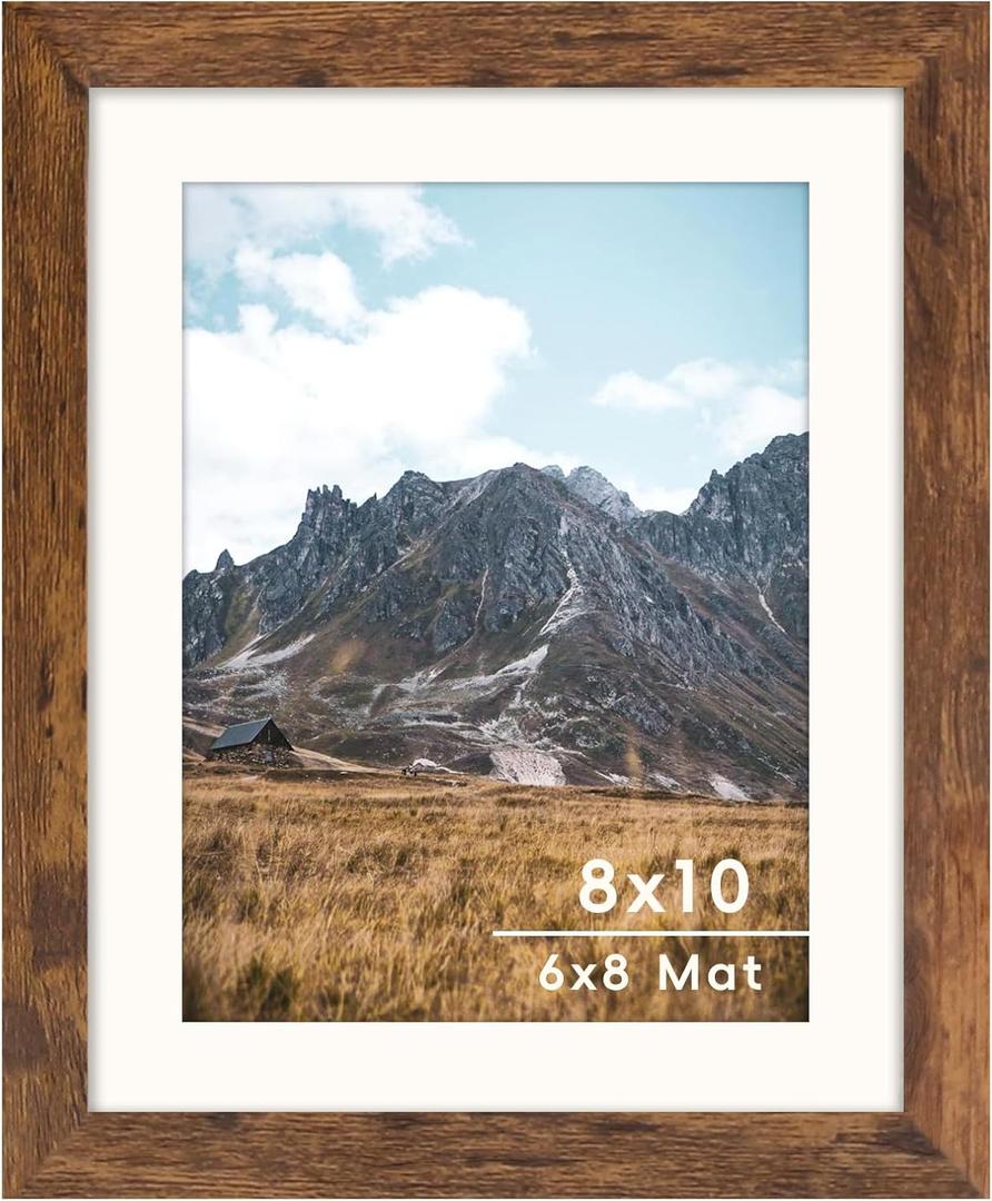 Brown 8x10 Picture Frame with Mat for 6x8 Display, Rustic Desk Wall Photo Frame for Horizontal and Vertical, 1 Pack