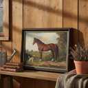 Dark Brown Framed Vintage Rustic Canvas Wall Art, 3D Textures Horse and Dog Painting Picture Wall Decor, Farmhouse Animal Poster Print Artwork for Country Living Room, Home Decoration 9x11in
