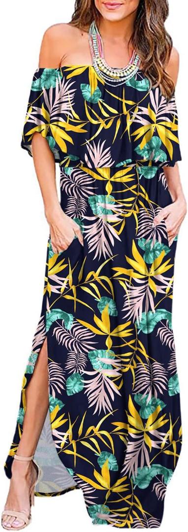 LILBETTER Womens Off The Shoulder Ruffle Party Dresses Side Split Beach Maxi Dress (Large, Mixed Leaves)