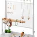 Jewelry Organizer Stand with Velvet Ring Holder, Liftable Necklace Holder with Earring Organizer Net, 9 Hooks Necklaces Storage Wooden Handing Bar for Bracelets Watches Rings (White)