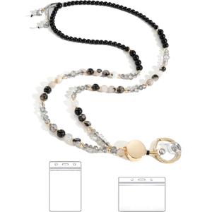 BettDecor Lanyards for ID Badges and Keys,Natural Stone Beaded Teacher Lanyard for Women,Retractable Lanyard with ID Holder Cute Lanyards (Black Tourmaline Quartz)