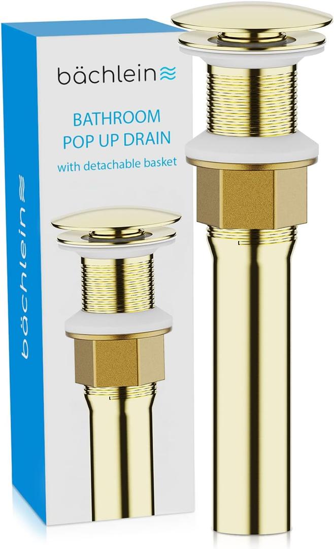 Bchlein Bathroom Sink Drain Without Overflow - Brushed Gold Pop Up Drain incl. 3 Extra Seals - German Brand