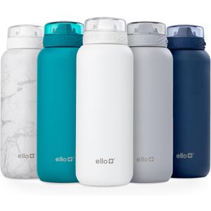 Ello Cooper 32oz Stainless Steel Water Bottle with Straw and Carry Handle, Double Walled and Vacuum Insulated Metal, Leak Proof Locking Lid with Soft Silicone Spout, Reusable, BPA Free, White