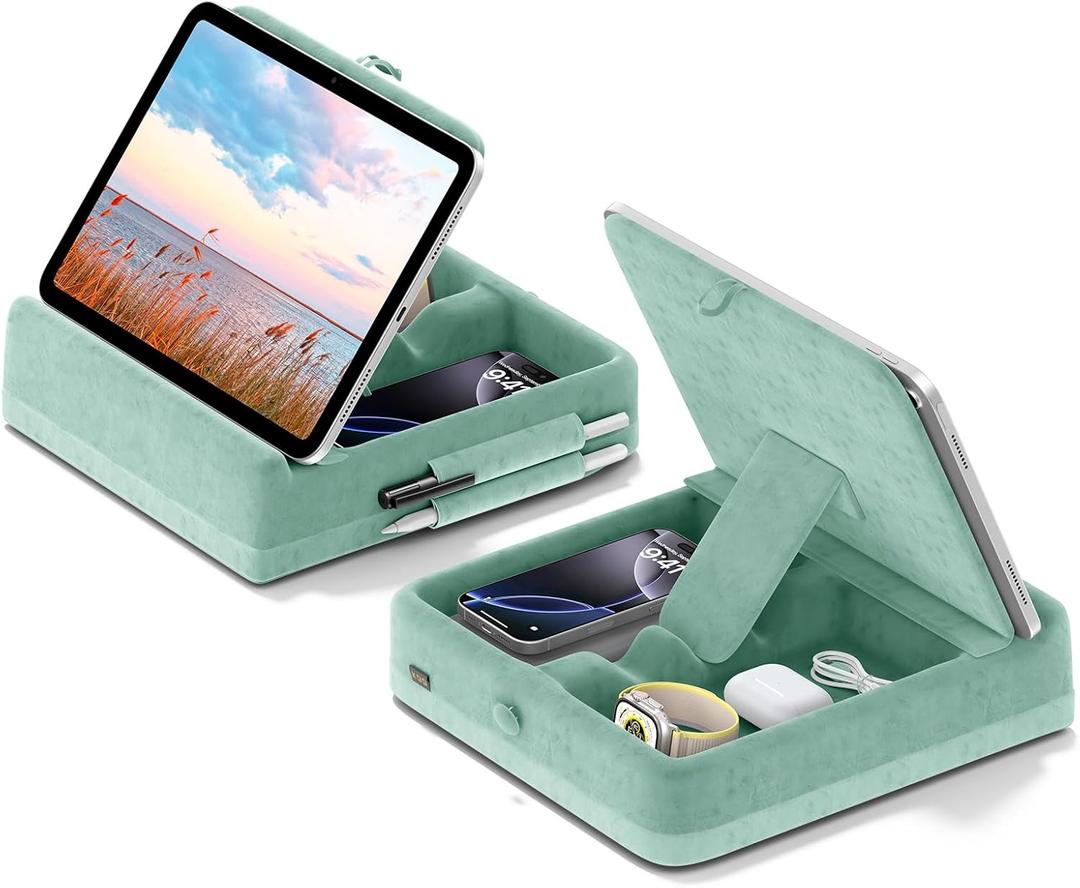 KDD Tablet Pillow Stand with Storage, Foldable iPad Holder for Bed, Lap and Desk, Angle Adjustable Soft Pad Dock with Stylus Mount Compatible with iPad Pro 12.9, 10.5, 11, Air, Mini, Phones, Books 