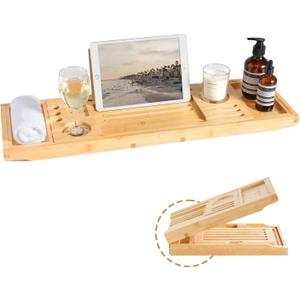 Bamboo Bathtub Tray | Splash-Proof Adjustable (28-40 Inch) | Non-Slip Pads, Wine Holder & Tablet Stand | Bath Relaxation & Reading Essentials