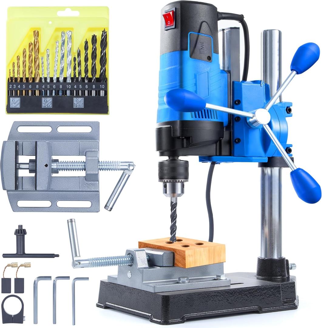 bellaDimora Mini Benchtop Drill Press  1200W 6-Speed 2800rpm, 16-Piece Multi-Material Drill Bit Kit, 360 Rotation, 3.15 in Drilling Depth, Workshop Stand