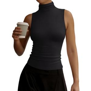 REORIA Women's Fall Sleeveless Mock Turtleneck Tank Tops Slim Fitted Shirts 2025 Offic Casual Going Out Vest Cute Clothes (Medium, Black)