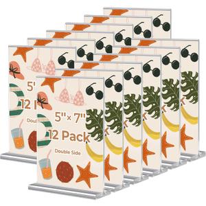 12 Pack Acrylic Sign Holder 5 x 7, Double-Sided Clear Sign Holder Plastic Stands for Display, T Shape Acrylic Table Sign Stands for Office Store Restaurants Wedding Party Decoration