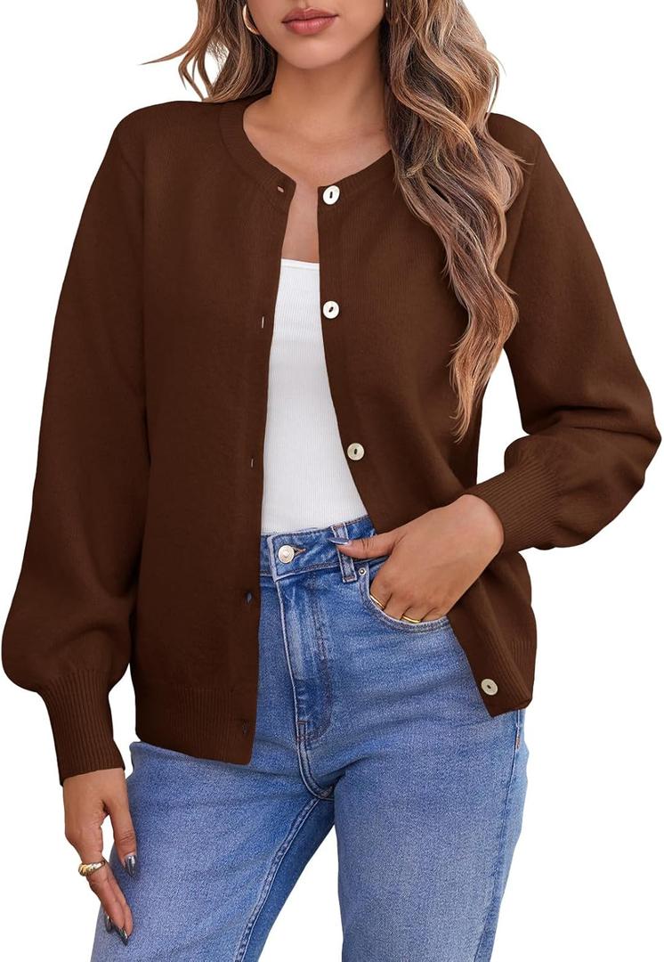 Saodimallsu Womens Button Down Cardigan Sweaters Crew Neck Long Sleeve Open Front Loose Fall Soft Knit Sweater Coats (Small, Coffee)