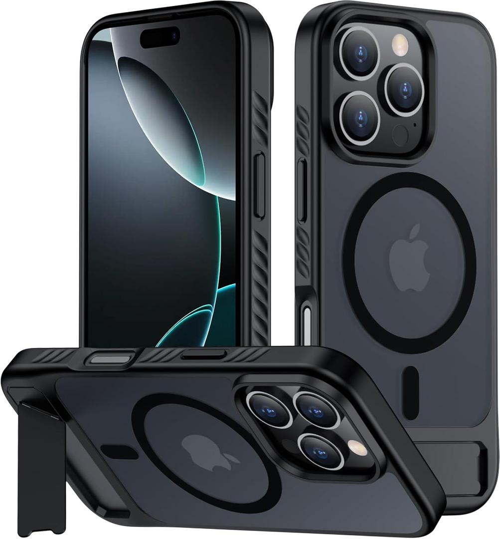 hitfine for iPhone 16 Pro Max Case with Kickstand,[Compatible with Magsafe] Slim Translucent Matte Military-Grade Protection & Anti-Yellowing,Magnetic Phone Case for iPhone 16 Pro Max, Black
