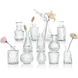 Glass Bud Vases Set of 12, Clear Small Vases for Flowers, Bulk Glass Vase for Centerpieces, Vintage Embossed Flower Vase for Wedding Table Decoration, Home, Cocktail Party