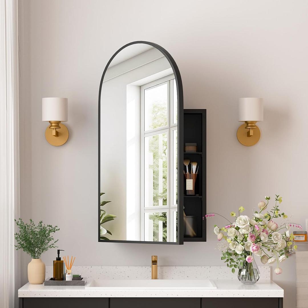 Medicine Cabinets for Bathroom, Black Arched Medicine Cabinet Recessed or Surface Wall-Mounted,Modern Bathroom Vanity Mirror with Storage, Mirrored Cabinet with Adjustable Shelves,16x31 Inch