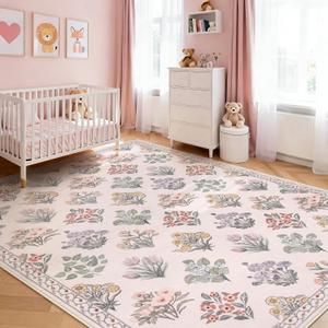 Wonnitar 8x10 Washable Rug, Pink Rugs for Girls Bedroom Decor, Boho Ultra-Thin Non Slip Soft Moroccan Floral Large Carpet for Living Room Baby Nursery Kids Playroom, Pale Pink