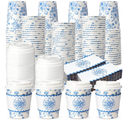 48 Sets Floral Paper Coffee Cups with Lids and Sleeves 8oz Vintage Flower Disposable Drinking Cups Bulk for Birthday Wedding Bridal Shower Tea Party Supplies (Blue)