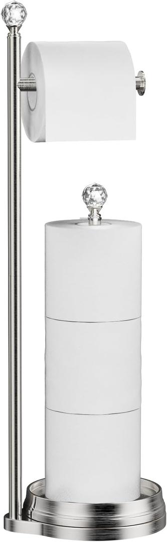 Toilet Paper Holder for Bathroom, Heavy Weighted Metal Free Standing Toilet Paper Holder Stand with Crystal Ball, Toilet Paper Roll Stand for Bathroom Accessories (C- Brushed Nickel)