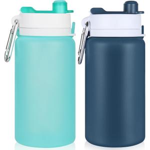 PLTCAT Collapsible Foldable BPA Free Reusable Lightweight Leak-Proof Travel Silicone Water Bottle for Travel, Gym, Hiking, Office, Camping (19 OZ+19 OZ, Green and Navy Blue)