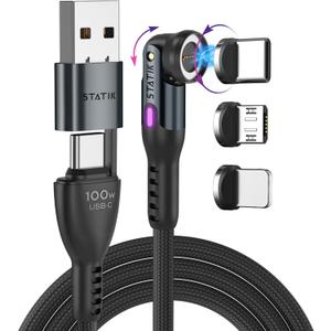 Statik 360 Pro Magnetic Charging Cable - 100W Fast Charging USB C Charging Cable, Magnetic Charger Cable Compatible with Apple Devices, USB-C, Micro-USB, USB-A Adapter - Black 3FT/1M (2nd Gen Black)